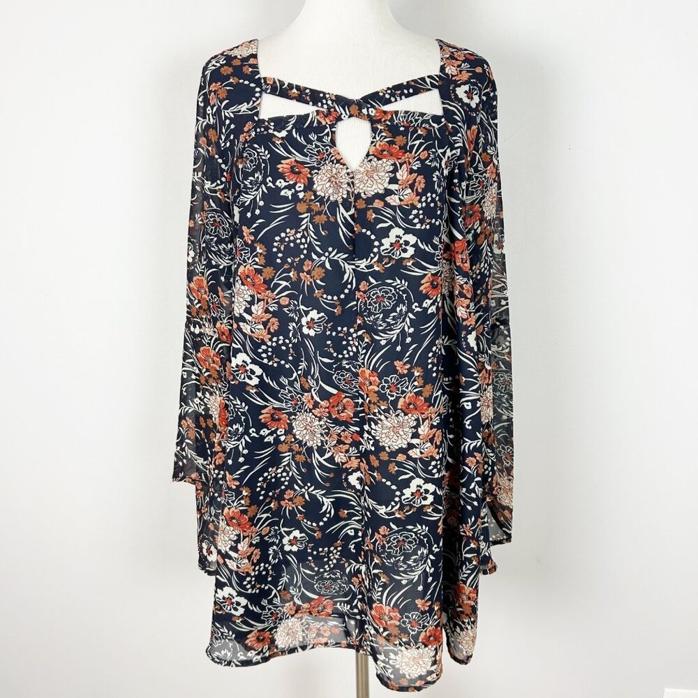 Umgee Floral Boho‎ Dress Flowy Sheer Bell Sleeve Size 1XL Women's